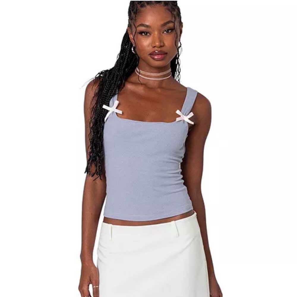 Edikted Women's Lola Ribbed Tank Top Blue w/ Pink Bows Coquette XS